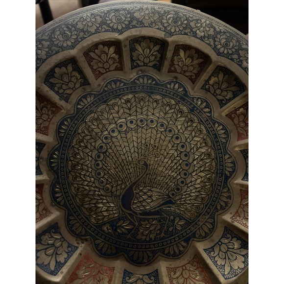 Vintage Brass Peacock Plate Metal Tray Enameled Etched Wall Hanging Decorative - Picture 7 of 11